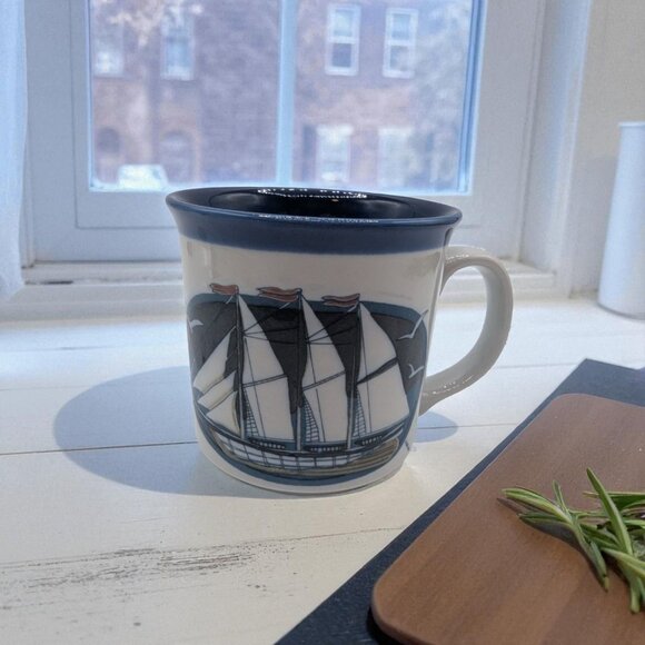 Vintage OTAGIRI Sailboat Schooner Seagulls Nautical Coffee Mug Blue White - Picture 1 of 8